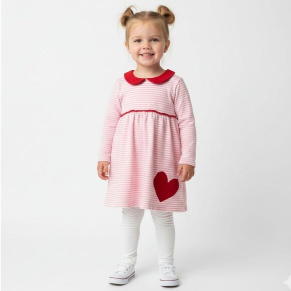 Luigi Kids Valentine's Day Pink Striped Dress Red Heart Applique Girls Size 4 - Picture 1 of 7
